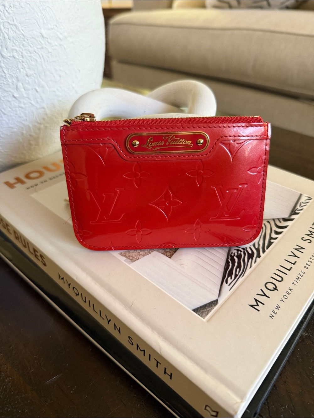 Louis Vuitton Red Vernis Patent Card Coin Pouch with Gold Plaque